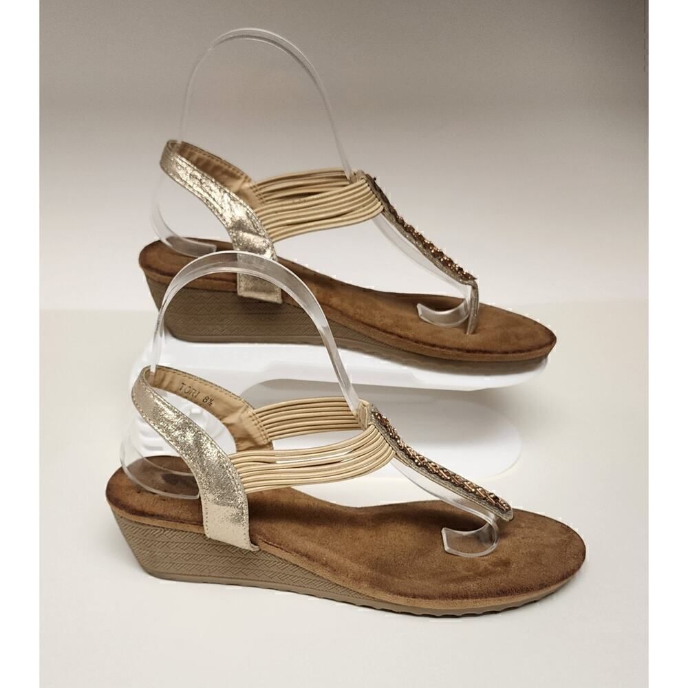 GC Shoes Tori Rhinestone Strap Wedge Sandals, Open Toe Elastic Slingback 8.5